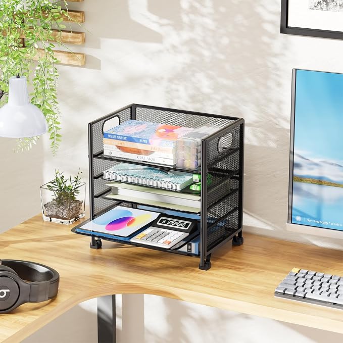 Simple Trending 5-Tier Paper Tray Organizer, File Organizer for Desk, Black | Letter Tray Holder with Handle. Sturdy Metal Frame. Non-slip Feet. Black for Office Home School. 13"L x 9"W x 13"H