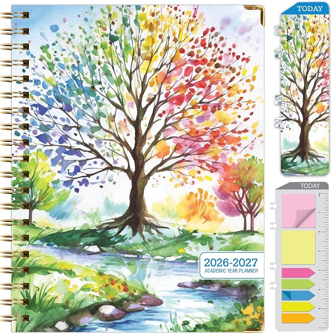 HARDCOVER Academic Year 2026-2027 Planner: 14 Months (May 2026 Through June 2027) 8.5"x 11" Daily Weekly Monthly Planner Yearly Agenda. Bookmark, Pocket Folder and Sticky Note Set (Tree Seasons)