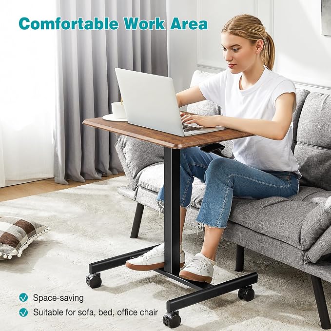 DUMOS Mobile Small Standing Desk, Laptop Desk, Home Office | Portable Rolling Design, 2 Lockable Wheels, Adjustable Height Computer Workstation, 19 Inch, Brown