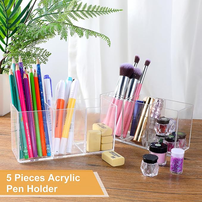 Lemecima 5 Pack Acrylic Pen Pencil Holder - 3 Compartment Clear Pencil Pen Organizer for Office Home Supplies Desk Accessories