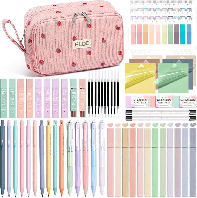 62PCS Aesthetic School Supplies Cute Back to School Supplies Stationary Set | College Preppy Essentials Kit with Large Pencil Pouch Case, Pastel Highlighters Gel Pens Mechanical Pencils for Student Girls