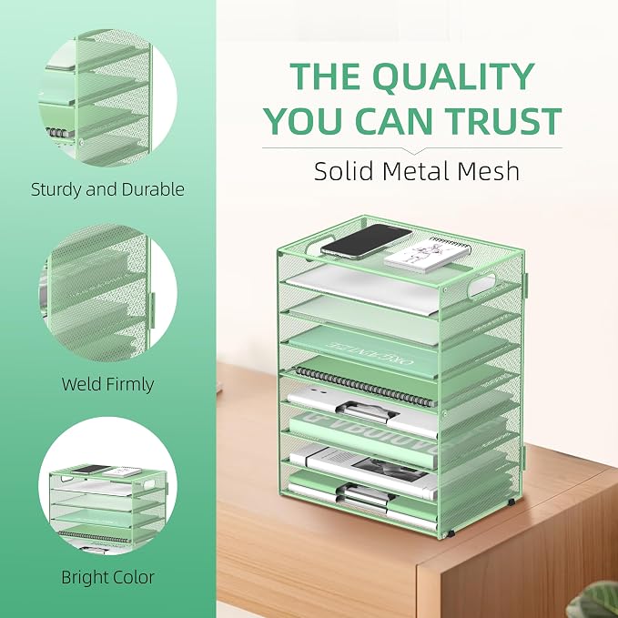 9-Tier Paper Organizer for Desk, Metal Letter Tray with Handles, Mint Green | Desk File Organizer with Removable Trays for Sorting Files, Folders, Mail and Printer Paper at Home, School or Office