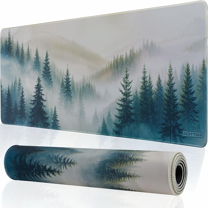 Extended Gaming Mouse Pad – Forest Desk Mat with Foggy Woodland Design – Large 31.5x11.8 in, Non-Slip Rubber Base, Water-Resistant, Stitched Edges