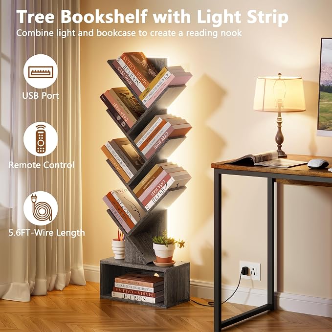 Hoctieon 6 Tier Tree Bookshelf, Tall Bookcase, Freestanding Book Shelf with LED Lights, Display Floor Standing Storage Shelf, Book Organizer Shelves for Home Office, Living Room, Grey