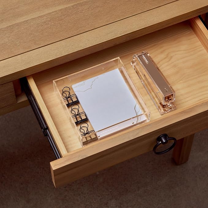 Russell+Hazel Large Acrylic Desk Drawer Organizer, Clear, 6"x6" | Keeps notepads & supplies neat on a desk or in a drawer. Clear acrylic with polished edges, a gold magnet & non-slip feet.