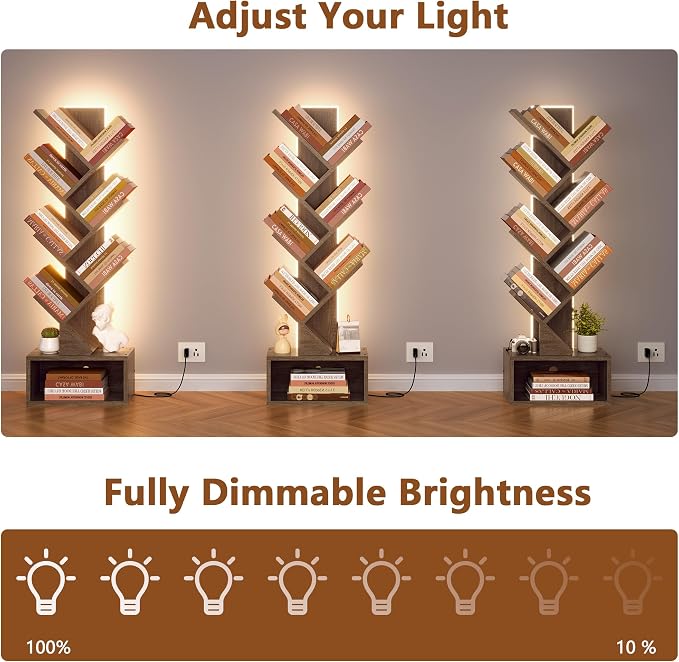 Hoctieon 6 Tier Tree Bookshelf, Tall Bookcase, Freestanding Book Shelf with LED Lights, Display Floor Standing Storage Shelf, Book Organizer Shelves for Home Office, Living Room, Greige
