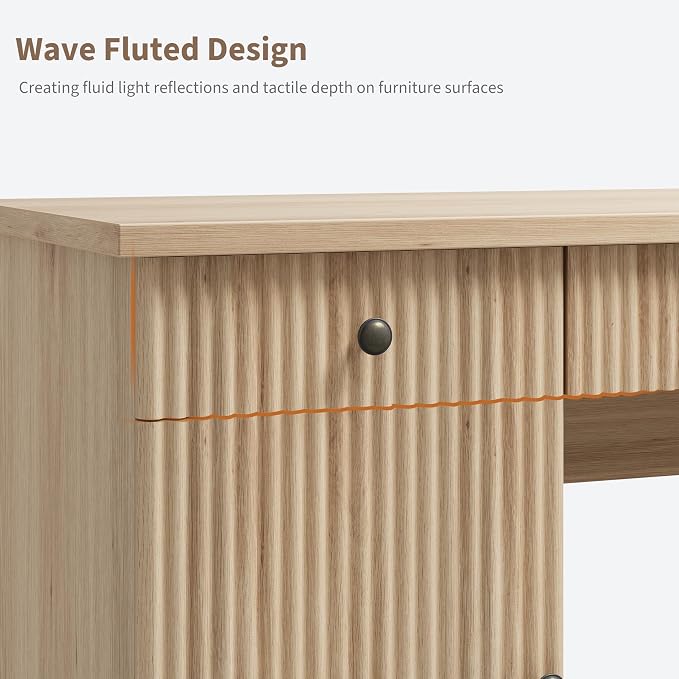 Garvee 60" Office Desk with Storage & Drawers for Home Office, Oak | Fluted Wood Executive Desk with File Drawer & Charging Station, Modern Computer Desk with Adjustable Shelves