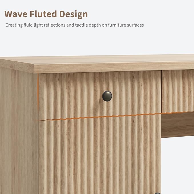 IDEALHOUSE Modern 60" Executive Office Desk with Fluted Details & Charging Station - Wooden Computer Desk with File Drawers, Home Office Storage Desk for Study, Living Room or Bedroom, Burlywood