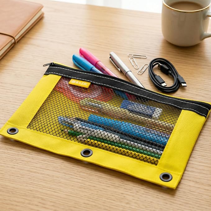 BAZIC PRODUCTS Bright Color 3-Ring Pencil Pouch with Mesh Window, 144-Case | clear mesh window and a zipper closure for pens, pencils, supplies