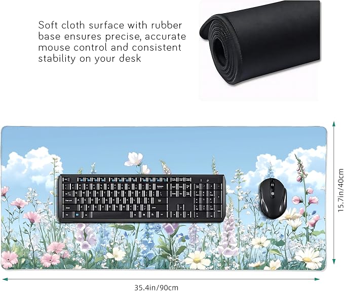 Cute Floral Aesthetic Wildflower Gaming Mouse Pad, Sky Blue Anime Desk Mat with Anti-Slip Base & Stitched Edges,35.4" x 15.7" in Desk Accessories for Women, Home Office Decor & Artistic Gift
