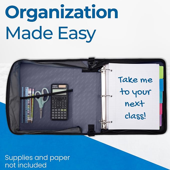 Case-it School Zipper Binder | 2-Inch O-Rings | 350-Sheet | D-251 Jet Black | Classic, Multiple Storage Pockets, Shoulder Strap, School & Office Organizer