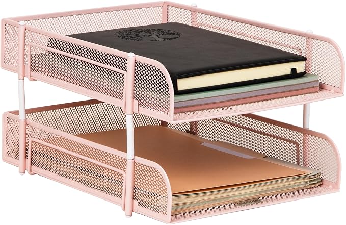 Mind Reader Stackable Paper Tray, Desktop Organizer, File Storage, Office, Metal Mesh, 2 Pcs, Pink