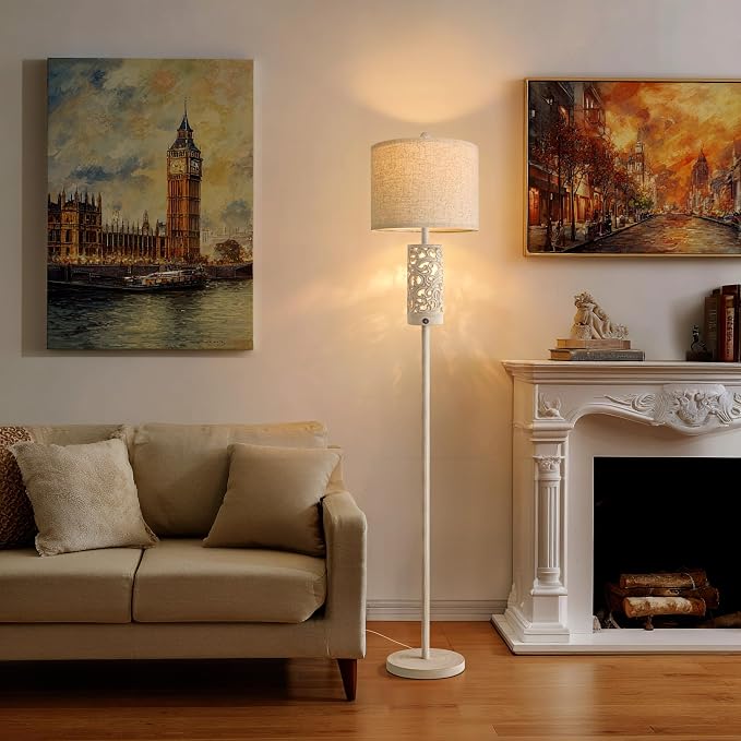 65“ Farmhouse Floor Lamp for Living Room, Rustic Floor Lamp with Main&Night Light,Linen Shade&Dual Switches, Standing Lamp for Bedroom Office Corner Dining Room, Wood Pole Lamp