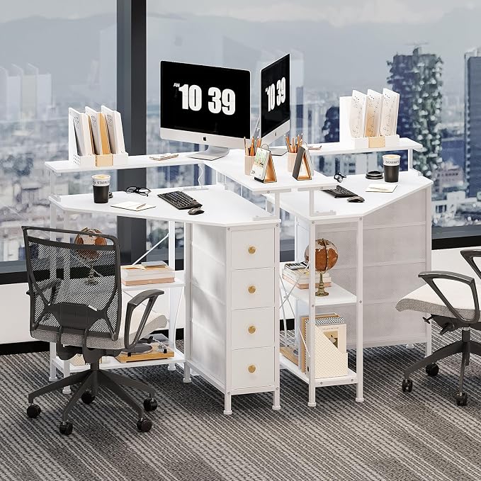 VENNQD Corner Desk with Drawers Shelves for Small Space 90 Degrees Triangle Computer Desk with Power Outlets,Gaming Desk with LED Lights Monitor Stand for Home Office Workstation Writing Table (White)