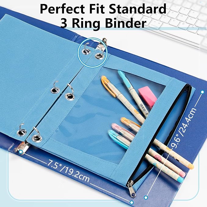 Forvencer Pencil Pouch for 3 Ring Binder, Clear Window Pencil Case Binder | Smooth Zipper Pencil Bag, Big Capacity 3 Ring Binder Pencil Bag with 3 Reinforced Grommets, Azure Blue