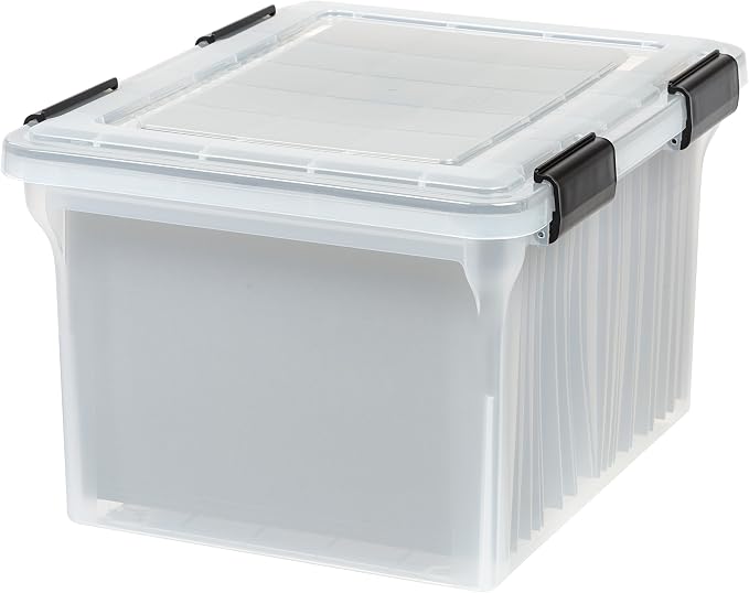 IRIS USA WeatherPro File Box Organizer, Letter/Legal, 32 Qt. Clear | Protect files and paperwork with a durable design featuring secure closure and convenient organization