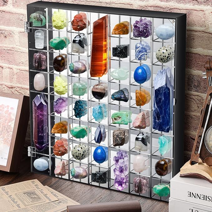Cinnvoice Rock Display Case 56 Grids,Black Border,Square | Adjustable Acrylic Display Case, Crystal Organizer for Collectible, with Built-in Mirrored, Magnetic Door, Wall Mount