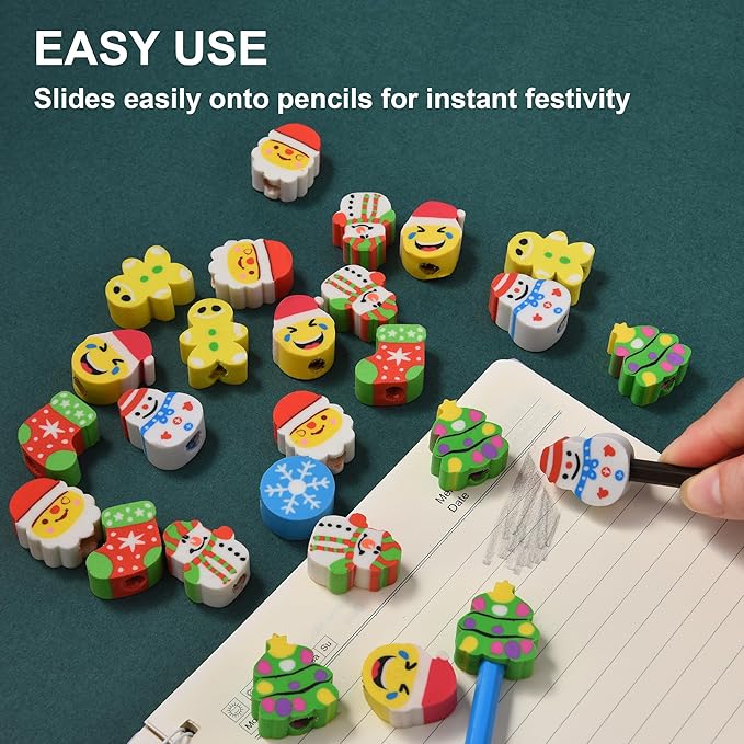 42 Pieces Christmas Pencil Top Erasers for Kids, Christmas Pencil Erasers Toppers Bulk, Cute Mini Cap Erasers for Holiday Party Favors Classroom Rewards Goodie Bags Stuffers Stocking Stuffers
