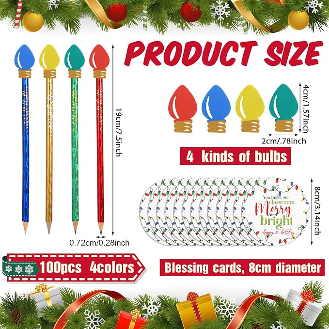 Geyoga Christmas Pencils Erasers Gifts Set with Bulb Eraser Topper, 100 Set