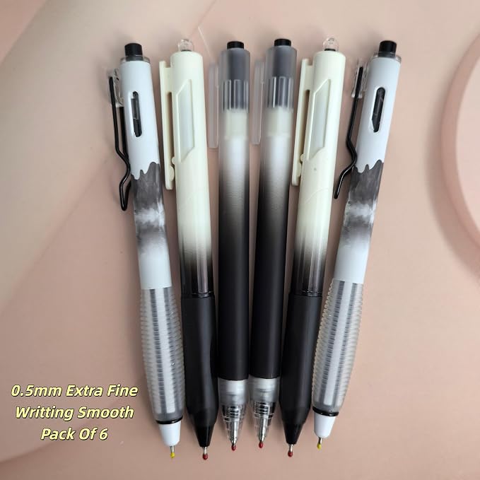Fengtaiyuan Retractable Gel Pens, 0.5mm Fine Point Black Ink, Quick Dry No Smudge Gel Pens with Comfort Grip, Smooth Writing for School Office Note Taking, 6 Pack