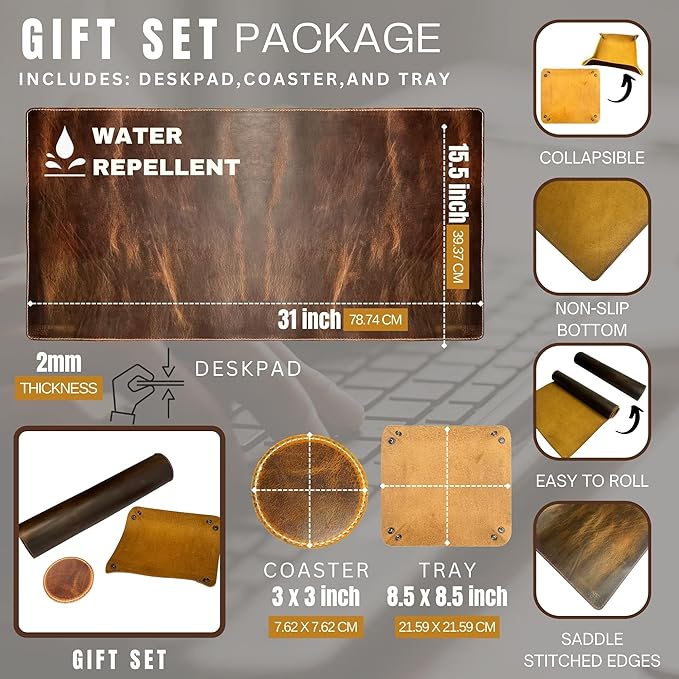 Leather Desk Mat Set (32x16) - Full Grain Large Computer Gaming Mouse Pad | Non-Slip, Table Cover Blotter Protector, Smooth Control, Stitched Edges, Desktop Laptop Accessory with Valet Tray & Coaster