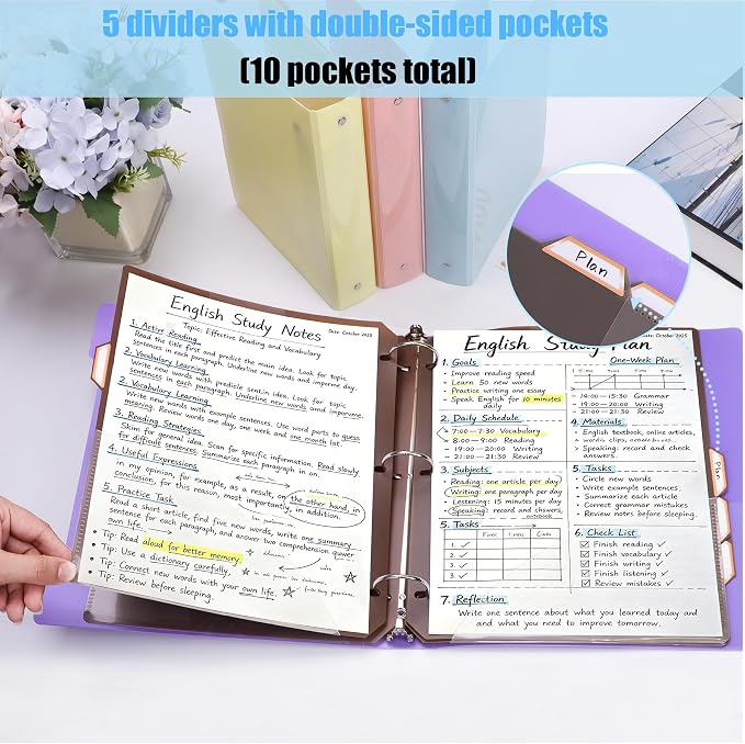 4 Pack 2 Inch 3 Ring Binder & 5 Tab Dividers with 2 Pockets | Fits 8.5x11" Letter Size, Holds 400 Sheets, Large Capacity Binder Organizer with Pockets, Refillable 3 Round Ring Binder