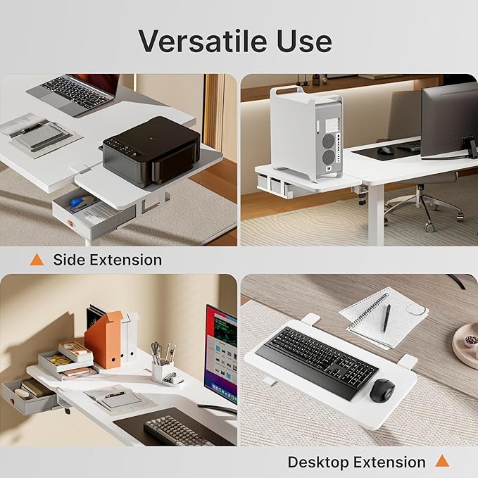 Desk Extender Tray, 24" x 12", with Storage Drawer, Medium, White | Desk Extension, Clamp on Desk Shelf, Clamp on Keyboard Tray for Office and Home, Workstation Organizer