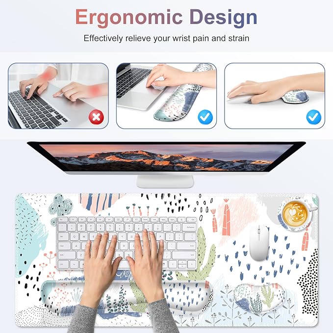 Large Gaming Mouse Pad Set, 4 in 1 Extended Keyboard Desk Mat with Wrist Rest, PC Computer Game Mousepad Set, Non-Slip Desk Pad Protector Easy Typing Pain Relief for Home Office I Cactus Plants