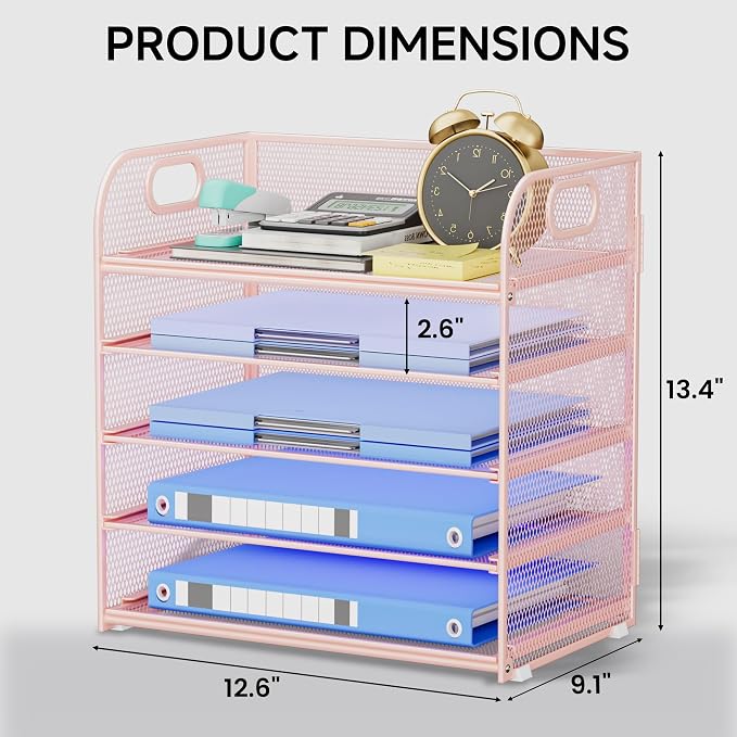 5-Tier Stackable Paper Organizer with Handle, Pink | Metal Mesh Letter Tray, Stylish Desk File Sorter for Office, Home & Classroom Supplies