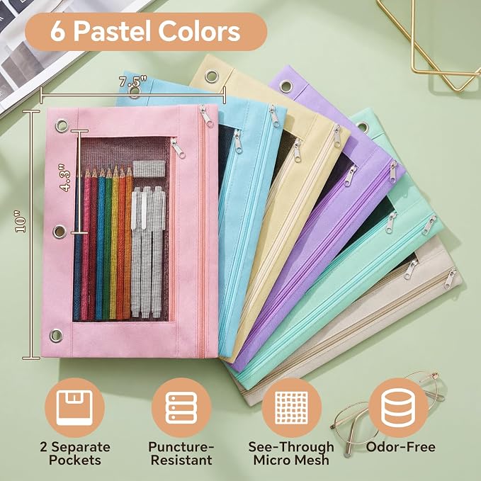 Lanpn 6 Pcs Pencil Pouch for 3 Ring Binder, 2 Pocket Zipper Binder Pouch, Pastel Binders Pencil Case, School Supplies for Boy Girl Student Office Home, Reinforced Grommets, Clear Window, Micro Mesh