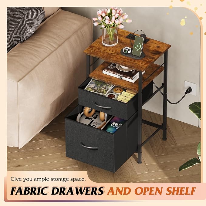 WLIVE Nightstand with Charging Station, Night Stand with 2 Fabric Drawers, Bedside Table, Small Dresser for Bedroom, Side Table with USB Ports and Outlets, Black and Rustic Brown