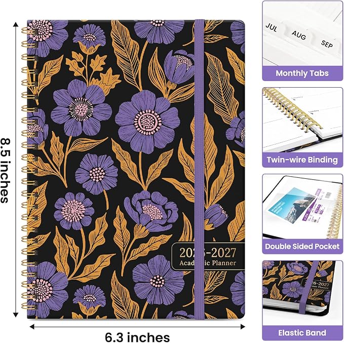 Taja Planner 2026-2027, Jul 2026-Jun 2027 Monthly & Weekly Calendar Planner | 6.3" x 8.5", Hardcover Academic Calendar, Teacher Student Agenda Book with Tabs, School Office Supplies, Nocturne Blooms