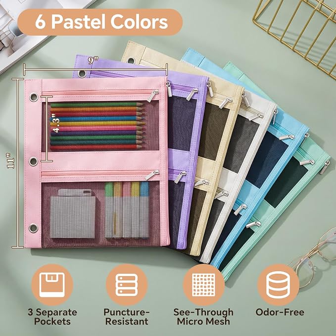 Lanpn 6 Pcs Pencil Pouch for 3 Ring Binder, 3 Pocket Zipper Binder Pouch, 9"x11" Binders Pencil Case, Pastel School Supplies for Student Office Home, Reinforced Grommets, Clear Window, Micro Mesh