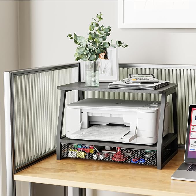 2-Tier Printer Stand with Storage, Desktop Organizer for Printer Paper, Desk Shelf for Office and Home Printers‌ Tables, Black