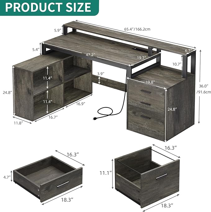 YITAHOME L Shaped Desk with 3 Drawers | 3 Drawers, Power Outlets & LED Lights, File Cabinet & Printer Stand, For Home Office