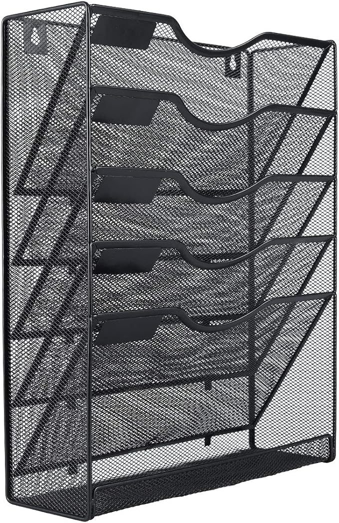 EasyPAG 5 Tier Wall File Holder Mesh Hanging Folder Organizer with Classify Label, Versatile Desk File Holder, Vertical Wall Mounted Mail Organizer for Office Home Cubicle, Black, Closed Sides