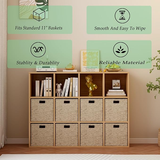 12-Cube Storage Shelf Bookcase, Oak | Wooden 3-Tier Open Bookshelf, Fits 11×11" Bins, Vertical or Horizontal Use, Full Back Panels, For Home Office