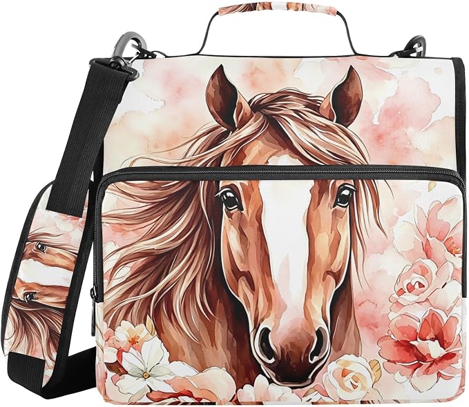 Brown Horse Watercolor Flower 3 Ring Binder Bag 1.5 inch Binder Organizer with Zipper Shoulder Strap 500 Sheet Documents Storage for School Office