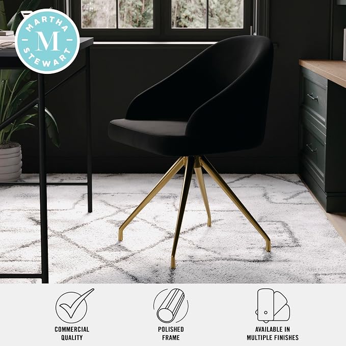 Martha Stewart Sora Upholstered Stationary Office Chair, Black | Polished Brass Frame