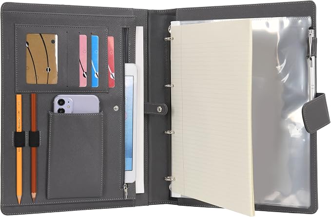 Wonderpool A4 PU Leather 3 & 4 Ring Holder Writing Portfolio Multi Document Case with Removable Binder Clipboard and Functional Pocket for Organizer Office Travel School (Grey)