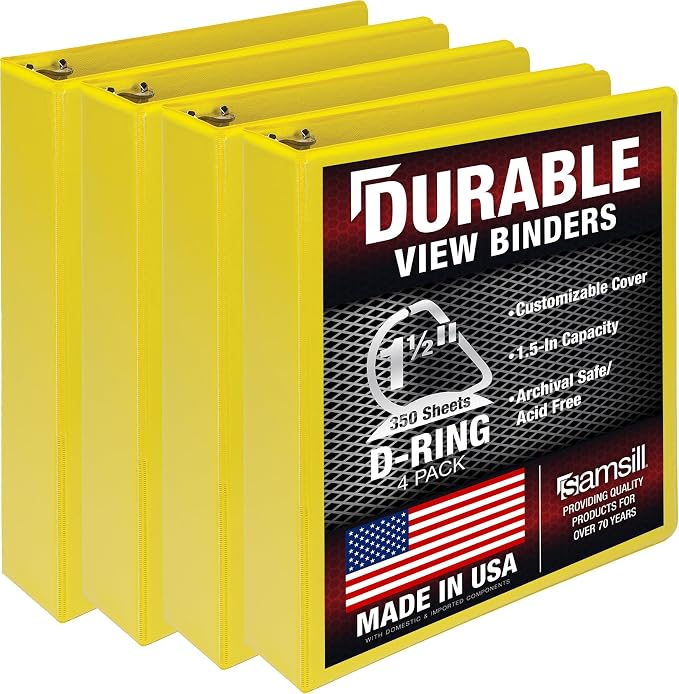 Samsill Durable 1.5 inch 3 Ring Binder, D Ring Binder, 100% Recycled Chipboard, Yellow, 4 Pack
