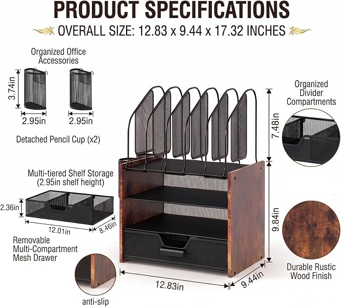 Wood Desk Organizer - 4-Tier Desktop File Organizer with Drawer, Wooden Paper Tray, Vertical File Holders & 2 Pencil Holders - Office Desk Organizer for Papers, Mail, Notebooks, Stationery