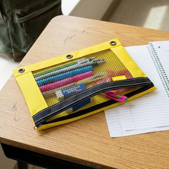 BAZIC PRODUCTS Bright Color 3-Ring Pencil Pouch with Mesh Window, 6-Set | clear mesh window and a zipper closure for pens, pencils, supplies