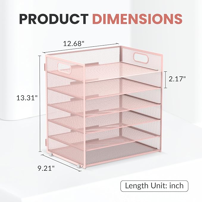 Daltack 6-Tier Paper Organizer for Desk with Handle, Pink | Sturdy Metal Mesh Organizer with Movable Middle Trays and a Carry Handle for Papers, Folders and Office Supplies