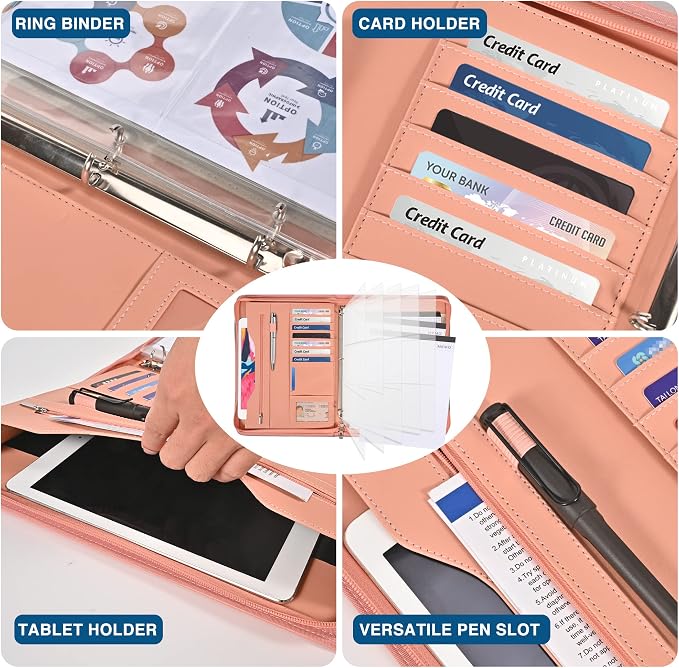3-Ring Padfolio Portfolio Binder Organizer,PU Leather Folder Binder Business Planner Notebook Zippered Portfolio for Women/Men with Document Sleeve,Letter/A4 Size Clipboard