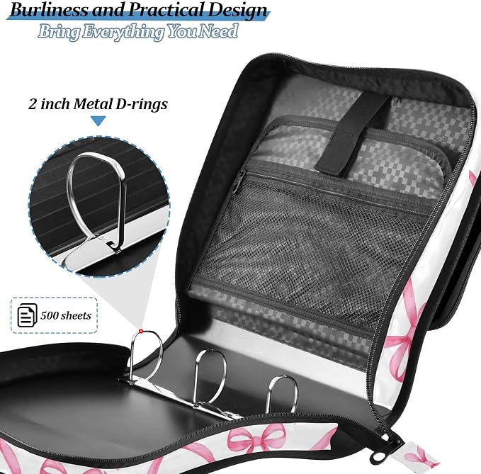 Pink Bows Zipper Binder 3 Ring with Handle and Shoulder Strap, 500 Sheet Binder Organizer Capacity & Multi-Pockets for School Office