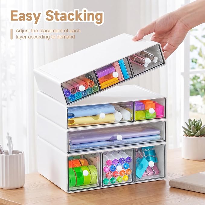 Desk Organizer with 9 Drawers, 4 Tiers Stackable Storage Drawers, Desktop Storage Box with Clear Drawers for Stationery, Makeup, Jewelry, Office and Craft Supplies (White)