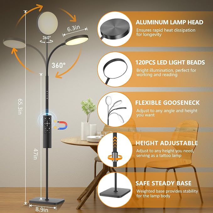 PACOVY Floor Lamp, Adjustable Height Floor Lamps for Living Room Bedroom, 120 LED Super Bright Standing Lamp Remote Control Dimmable Gooseneck Tall Stand Reading Lamp for Office Craft, Black-RGB