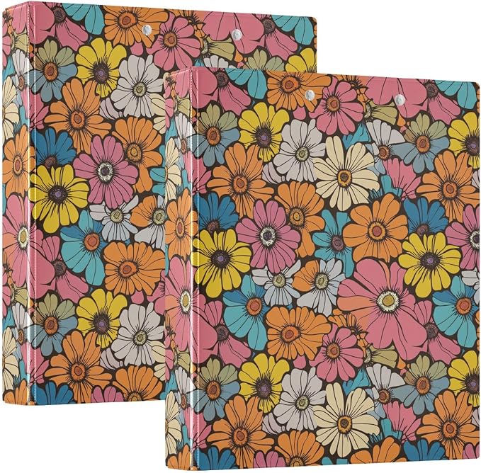 Retro Groovy Hippie Flowers Binder 1.5 Inch Binder with Clipboard&Pockets, Fancy Boho Daisy Hardcover Binders 3 Ring, Heavy Duty Large File Folder for Office School Supplies - Holds 200 Sheets