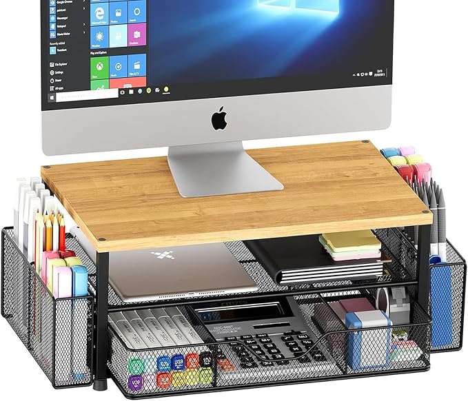 Desk Organizers and Accessories, Computer Monitor Stand Riser with Drawer and 2 Pen Holders, Printer & Laptop Stand, Office Desk Accessories & Workspace Organizers for Home Office Supplies, Oak